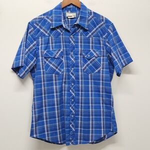 Wrangler Western Short Sleeve Shirt Large Blue Pearl Snap Plaid Cowboy Country